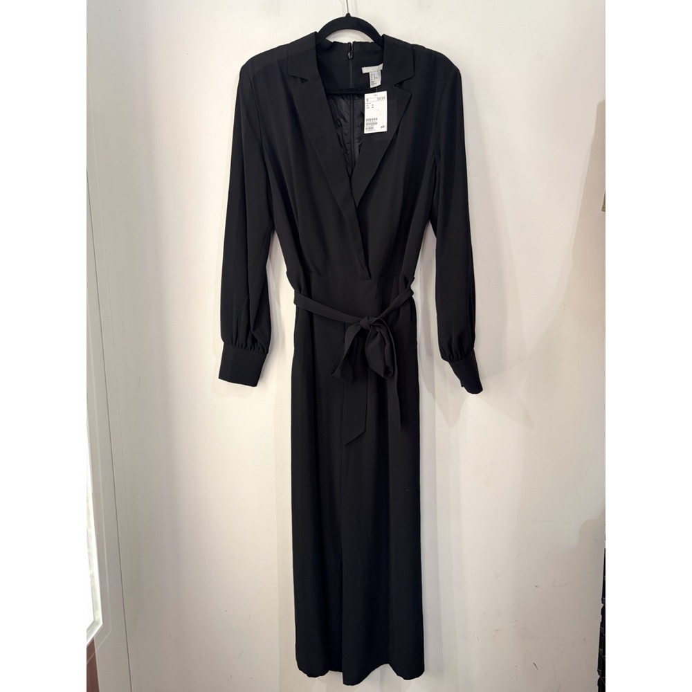 H&M NWT Black Wide Leg Jumpsuit Size 12 Belted Long Sleeve Pockets Career